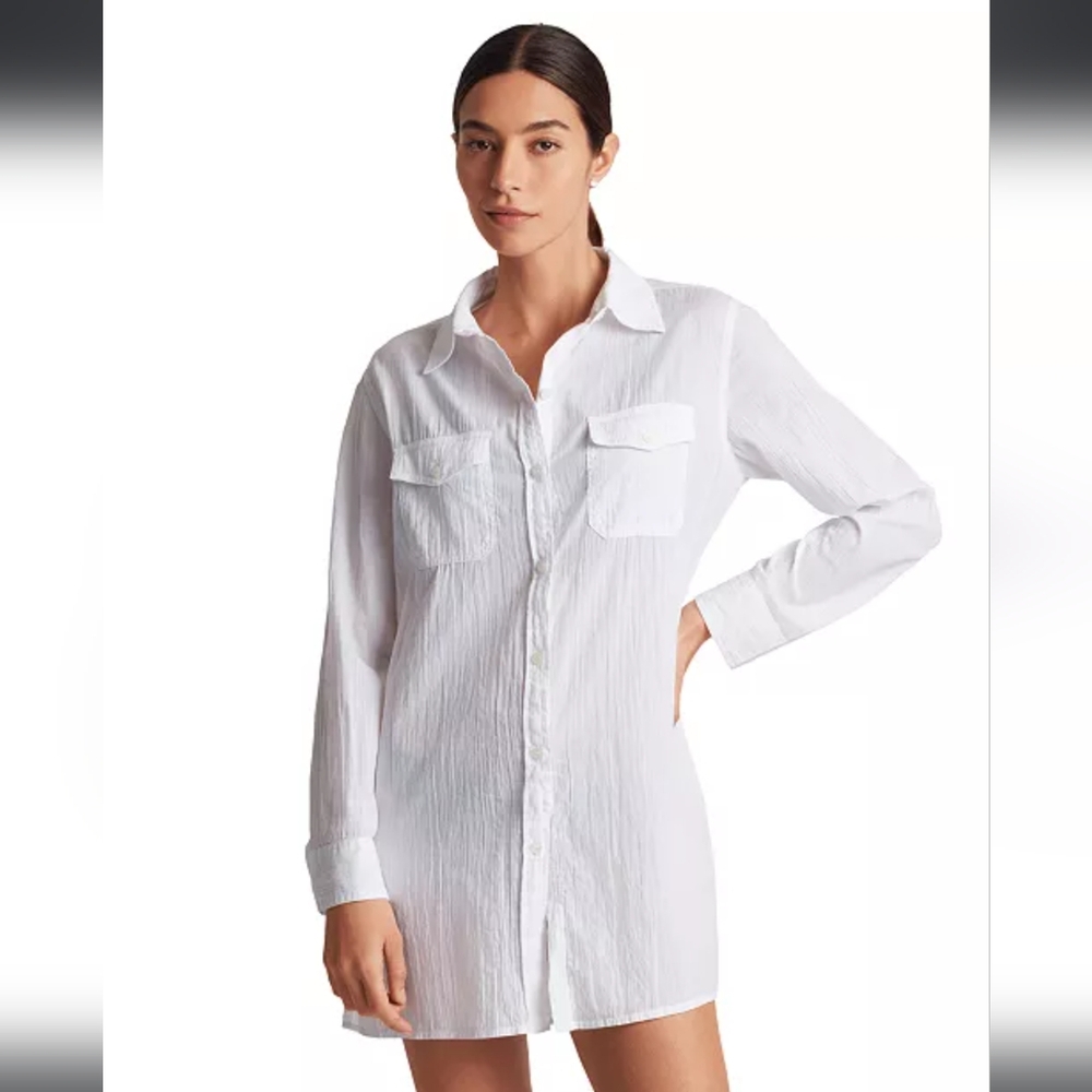 NWT Ralph Lauren White Black Button Up Swim Cover Shirt